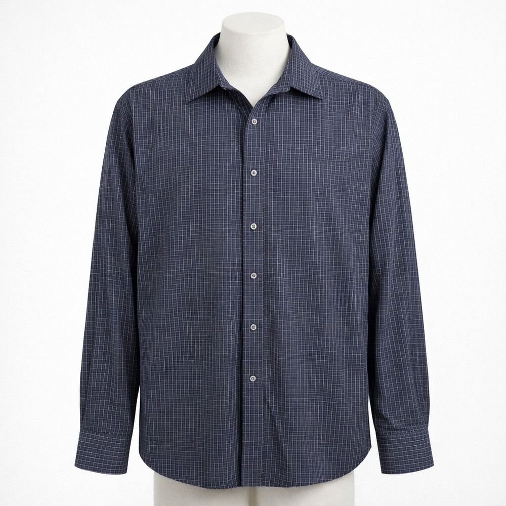George Mens Check Button‎ Shirt Size L 42 44 Blue Purple Long Sleeve Casual Prep